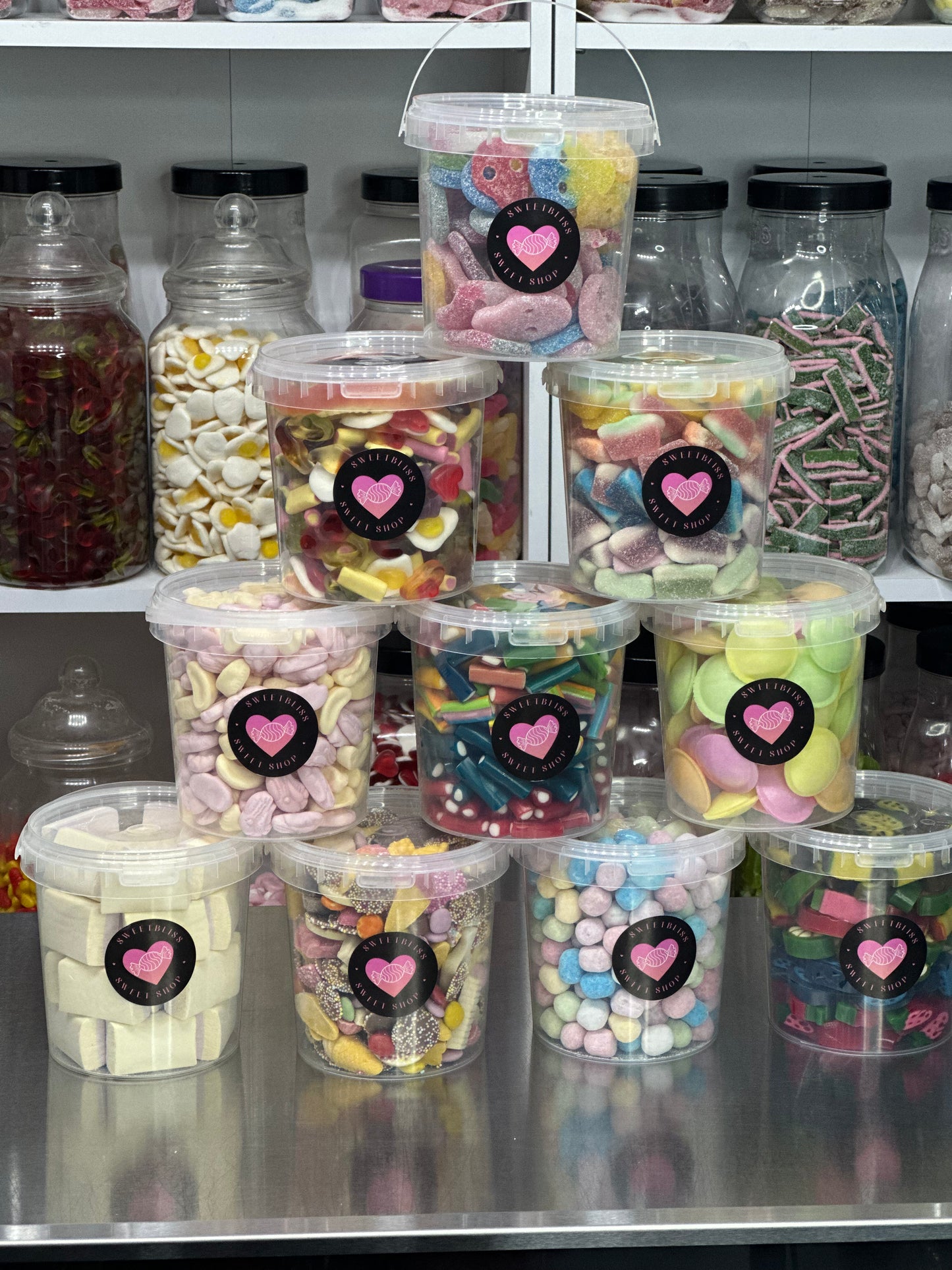 Sweet Buckets choose from Haribo, Bon Bon's, Skulls, Flying saucers, Peelable slices, Mini Pencils, Flying Saucers