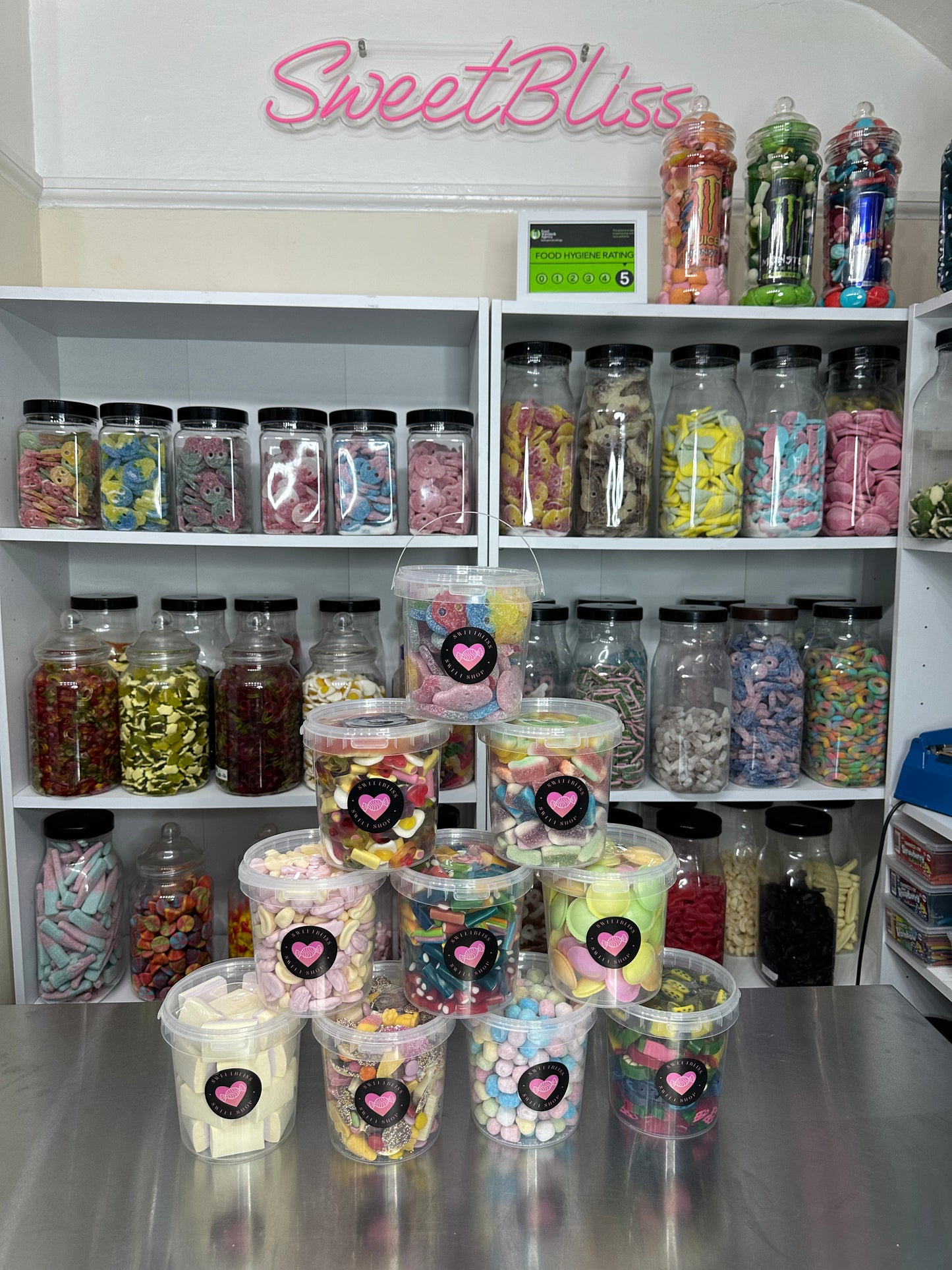 Sweet Buckets choose from Haribo, Bon Bon's, Skulls, Flying saucers, Peelable slices, Mini Pencils, Flying Saucers