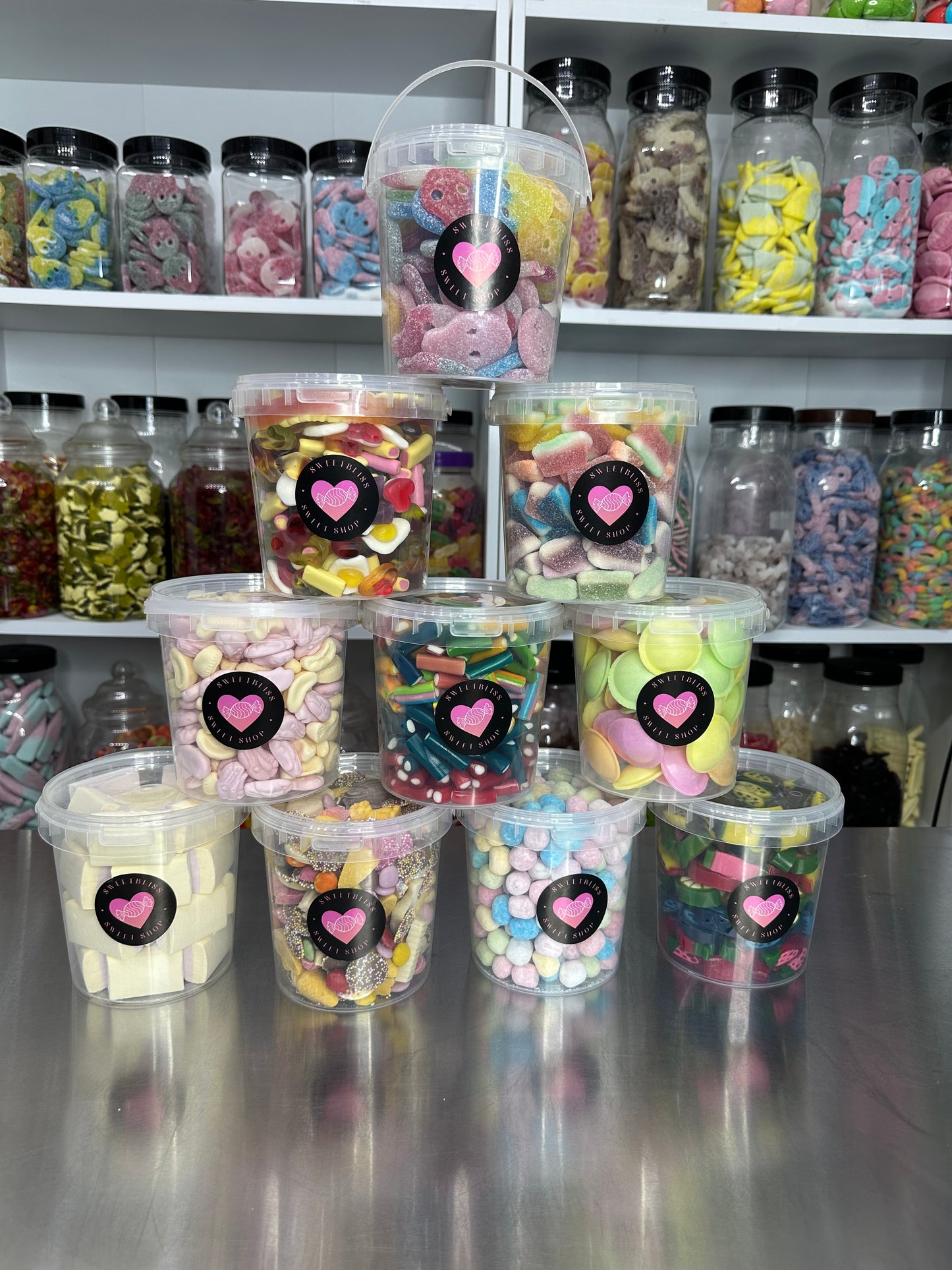 Sweet Buckets choose from Haribo, Bon Bon's, Skulls, Flying saucers, Peelable slices, Mini Pencils, Flying Saucers