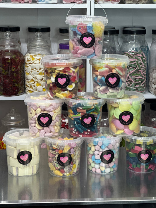 Sweet Buckets choose from Haribo, Bon Bon's, Skulls, Flying saucers, Peelable slices, Mini Pencils, Flying Saucers